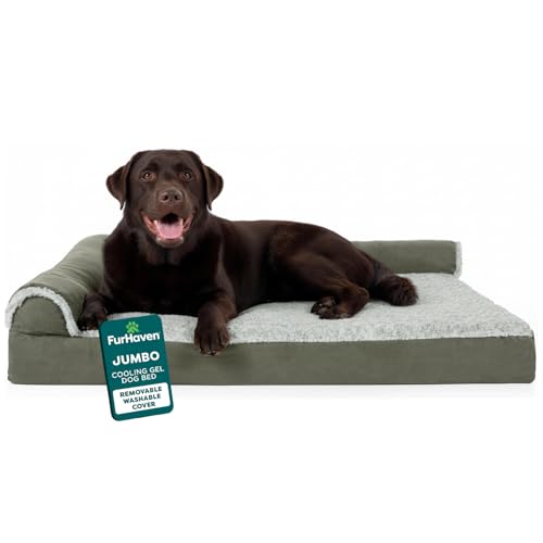 Cooling Gel Dog Bed for Large Dogs (Jumbo / (Two-Tone Faux Fur & Suede) Dark Sage)