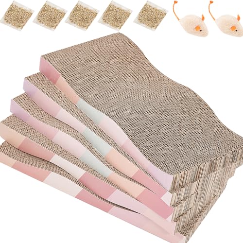 Cat Scratching Pads Cardboard Cat Scratchers for Indoor Cats Reversible Large Wide Corrugated with Catnip and Mini Toy (5-Pack)