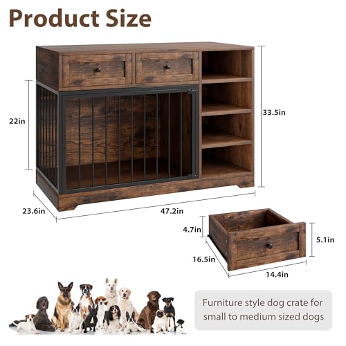 47" Medium Dog Crate Furniture with Storage (Vintage Brown / 47.2"L x 23.6"W x 33.5"H)