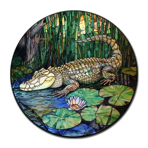 Metal Sign Tin Sign Circular Stained Glass Crocodile Tin Sign Gift for Garden 8×8 Inches (8×8 Inches / Crocodile)