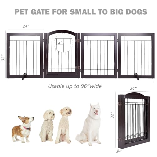 Freestanding Foldable Dog Gate Indoor with Door (Espresso / 【4 Panels with Door】96"W x 30"H)