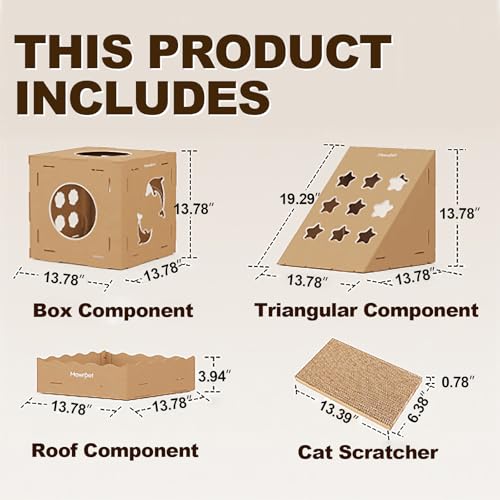 DIY Cat Scratcher Cardboard House (Kraft Brown / 6 Boxes + 2 Roofs + 2 Triangulars + 6 Scratchers)