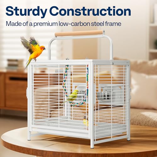 19 Inch Wrought Iron Travel Bird Cage for Cockatiel Parakeets (White)