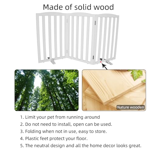 Foldable Freestanding Indoor Dog Gate for House Wood White Long Pet Gates Dog Fence for Stairs Puppy Gates for Hallways (White / 【3 Panels】60''w X 32''h)