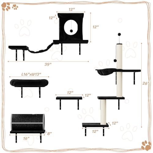 14-in-1 Cat Wall Shelves, Wall-Mounted Cat Climber Set, Black (Black)
