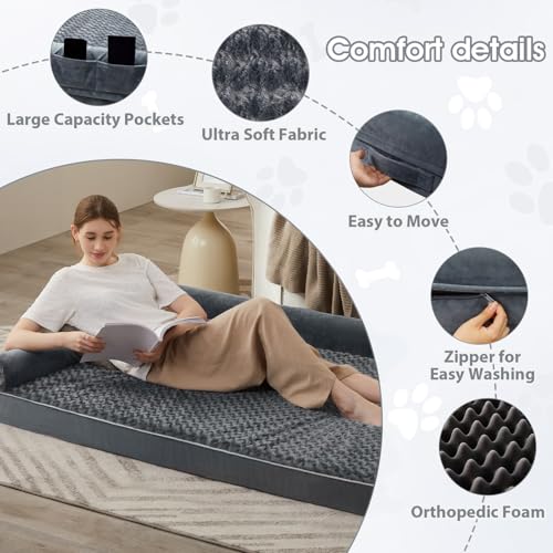 Orthopedic Washable Human Dog Bed for Adult & Dog Cozy Sleep (61"l x 43"w x 7"th / Dark Grey)