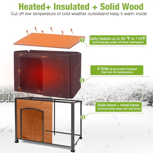 Heated Dog House Outdoor 43.3" L Insulated Dog Kennel with Metal Frame Large Dog Crate for Medium to Large Dogs Outside with Heater and Insulated Liner for Winter