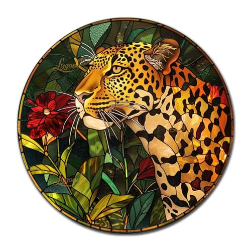 Metal Sign Tin Sign Circular Stained Glass Leopard Home Decor for Restaurant 8×8 Inches (8×8 Inches / Leopard-1)