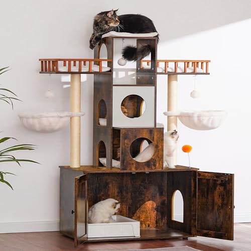 Cat Tree with Litter Box Enclosure for Indoor Big Cat HCT110SR (Rustic Brown / 60 inch)