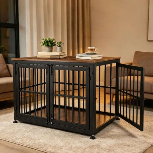 42 Inch Dog Crate Furniture for Large Medium Dogs (Black + Rustic Brown / 42.1"L x 28.2"W x 29.7"H)