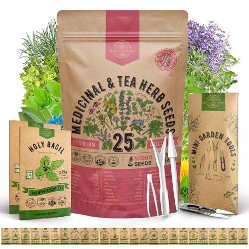 25 Medicinal & Tea Herb Seeds Variety Pack for Indoor & Outdoors. 10900+ Non