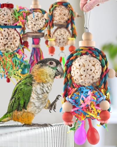 Conure Toys 5 PCS Bird Foraging Shredder Hanging Swing Rope Perch Toys Sola Balls with Sand Hammer for Small Parrots Parakeets Conures Cockatiels Love Birds Cage Toy (5 PCS)