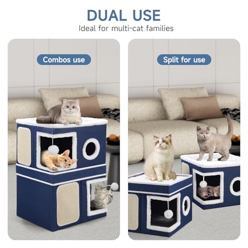 2 Story Cat House beds for Indoor Cats with Scratch Pads Blue (Blue / Double)