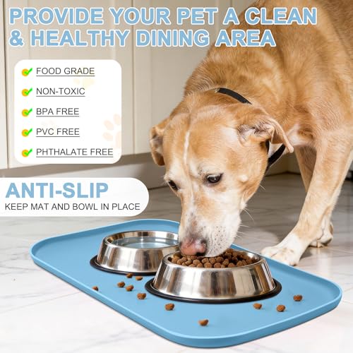 Waterproof Silicone Pet Food Mat with Raised Edge for Dog & Cat (Light Blue / 22"L x 14"W)