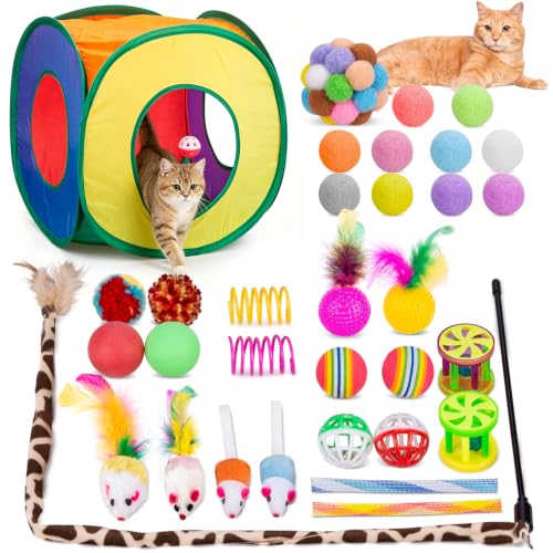 33Pcs Cat Toys Pack for Indoor Cats Kitten (Cube Tunnel Toy Set - For Cats Less Than 12lbs)