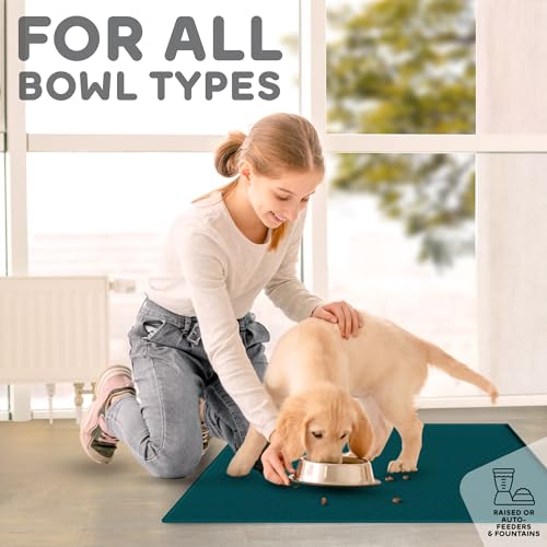 Dog Food Mat 28x18 Raised Edges Dogs Mat for Food and Water Prevent Spill (28" x 18" / Lake Blue)