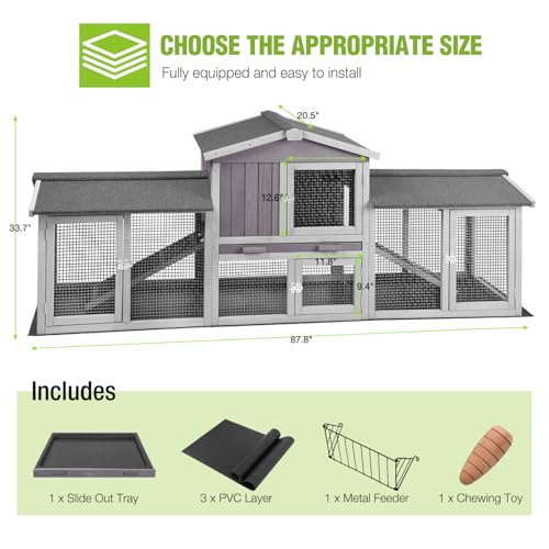 Rabbit Hutch Outdoor Large Chicken Coop with Cleaning Tray and Waterproof Roof Wooden Bunny Hutch PVC Floor Bottom for Small and Medium Bunny Rabbit Chick 87.8" L (Gray / 87.8"L x 20.5"W x 33.7"H)