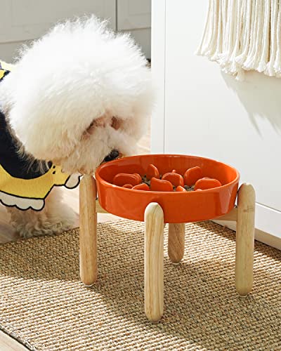 Ceramic Slow Feeder Puzzle Bowl Elevated 1.5 Cup with Wooden Stand for Small & Medium Dog (Sun Orange+Stand / M-1.5 Cups)