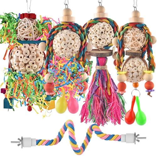 Conure Toys 5 PCS Bird Foraging Shredder Hanging Swing Rope Perch Toys Sola Balls with Sand Hammer for Small Parrots Parakeets Conures Cockatiels Love Birds Cage Toy (5 PCS)