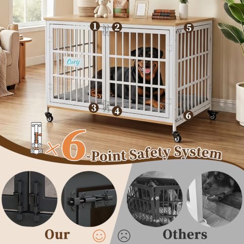 42 in Heavy Duty Dog Crate Furniture on Lockable Wheels (White & Beech / 42.1"L x 29.3"W x 31.2"H)