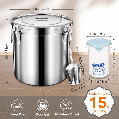 15lb Airtight Stainless Steel Dog Food Storage Container with Scoop (Stainless steel / 15 lb)