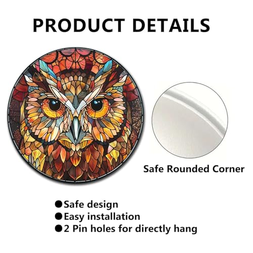 Metal Sign Tin Sign Circular Stained Glass Owl Metal Garden Signs for Garden 12×12 Inches (12×12 Inches / Owl-2)