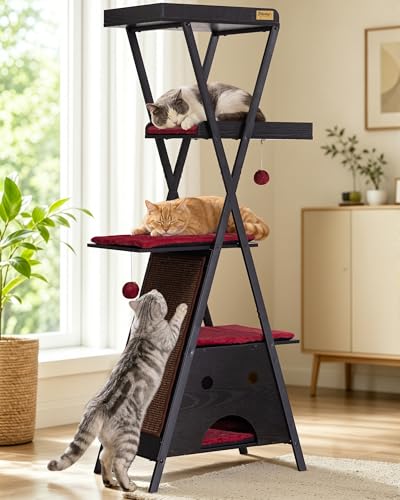Modern Wood Cat Tree Tower for Indoor Cats Large Adult 67 (67 inch / Black)