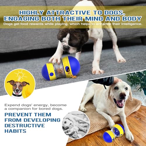 Dog Treat Dispensing Puzzle Toy Adjustable Food Dispenser Slow Feeder Puppy Enrichment Training Rolling Ball Pet Interactive Chase Toys for Small Medium Large Dogs to Keep Them Busy (Blue - Single - Standard)