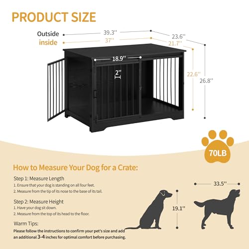 39.3" L Dog Crate Furniture Indoor Dog Kennel with Barn Door (Black / 39.3"L x 23.6"W x 26.8"H)