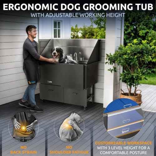Professional Dog Washing Station 304 Stainless Steel Pet Wash Sink (Black, Right Ramp, 2 Drawer / 50 Inches)