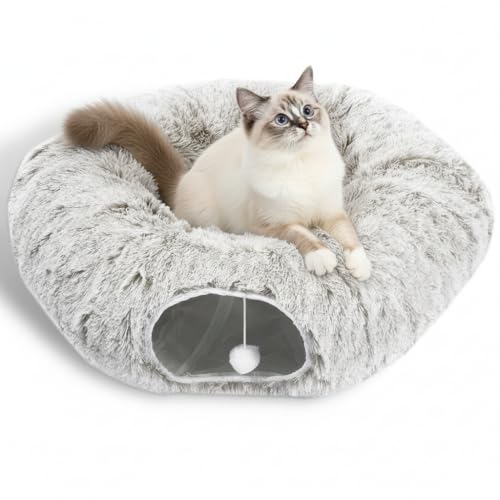 Plush Cat Tunnel Bed for Indoor Cats (Khaki)