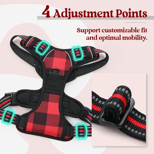 Dog Harness No Pull Medium Sized with 2 Leash Clips (Medium / Red Plaid)
