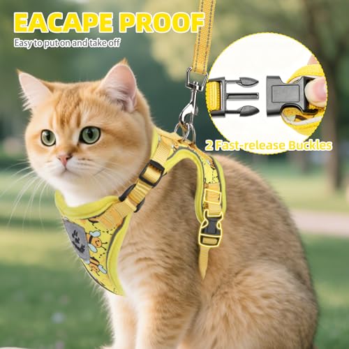 Cat Harness and Leash Set Escape Proof Reflective Cat Walking Harness Adjustable Soft Breathable Mesh Vest for Small Pets (M (NECK 11"-13.7", CHEST 16"-20") / Yellow Bee)