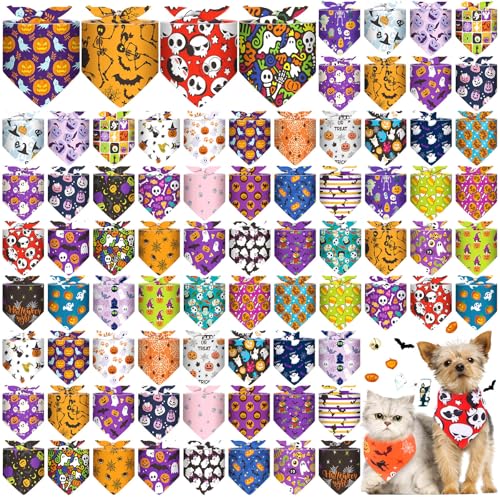72 Packs Halloween Dog Bandanas Bulk Pumpkin Ghost Pet Bandanas Triangle Scarf Bibs Adjustable Dogs Bandana for Halloween Thanksgiving