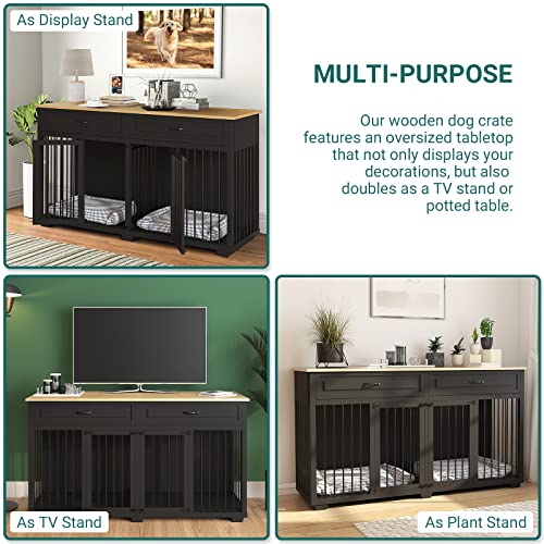 Large Dog Crate with Double Rooms (72.4"L x 23.6"W x 34.1"H / Black)