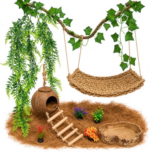 Leopard Gecko Tank Accessories. Reptile Hammock Vines Plants with Coconut Shell Ladder Hideout Hermit Crab Decor for Bearded Dragon Lizard Chameleon Crested Gecko Tortoise Snake (Large with Water Dish)