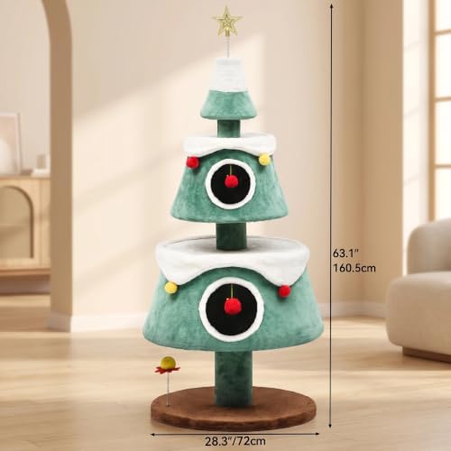 63" Christmas Cat Tree with 2 (Green+White / 63in)