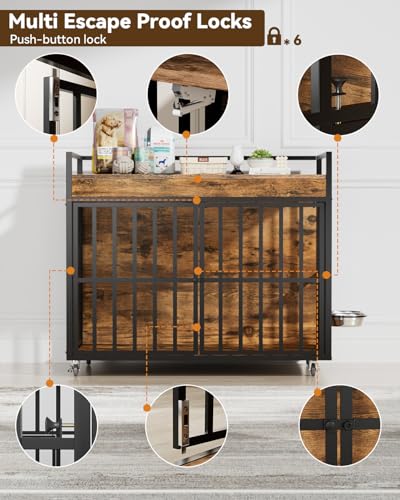 Heavy Duty Large Dog Crate Furniture with 360° Rotatable Bowls & Wheels (43.5"L x 27.2"W x 34.8"H)