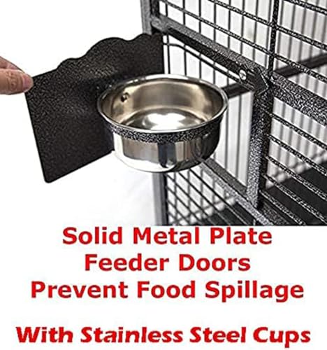 64" Extra Large Corner Bird Flight Breeding Wrought Iron Rolling Parrot Cage Side Solid Metal Plate Feed Doors Pull Out Removable Grate and Tray with Around Metal Seed Guard (30" x 30" x 63.5"H / Black Vein)