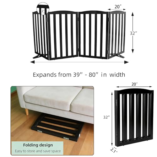 Foldable Freestanding Indoor Dog Gate for House Wood Long Pet Gates Dog Fence for Stairs Puppy Gates for Hallways (Black / 【4 Panels】80''w X 32''h)