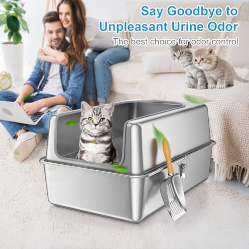 12'' High Sides XL All Stainless Steel Cat Litter Box with Lid (XL:23.6''×15.8''×12'')