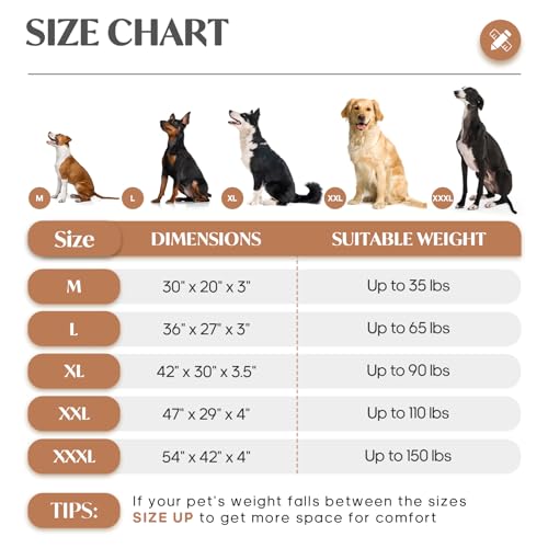 Dog Bed Mat Plush 4in Orthopedic Pad for Large Dogs up to 150 lbs Waterproof Removable Cover Machine Washable for XXXL Dogs (Light Brown / XXXL)