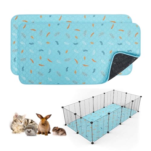 2 Pack Washable Guinea Pig Pee Pads (Leaves - Sky Blue / 24x48 Inch (Pack of 2))
