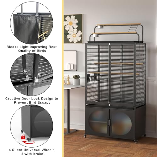 72 Inch Parrot Bird Cage with Play Top and Storage Cabinet