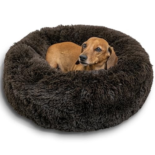 The Original Calming Donut Dog Bed for Small Dogs up to 25 lbs (Dark Chocolate Shag / Small)