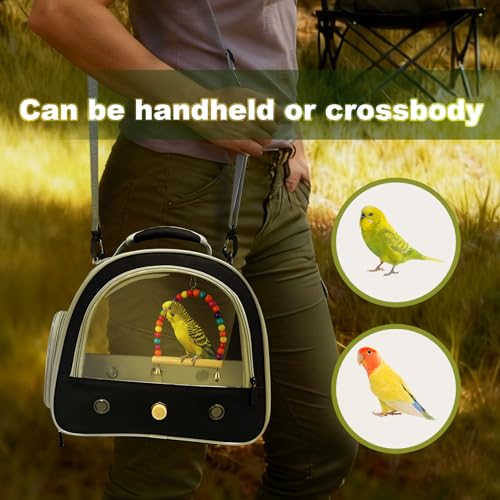 Portable Parrot Travel Cage Carrier with Small Swing Toy&Cage Colorful Toys Set Small Bird Parakeet Bag with Standing Perch Bird Carry Transport Bag (Black / 12.0"L x 7.0"W x 12.0"H)