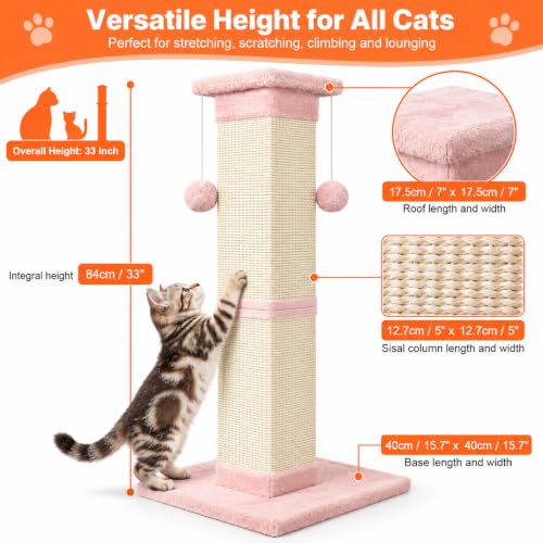 Cat Scratching Post 33 Inch Nature Sisal Cat Scratch Post for Indoor Cats (Pink)