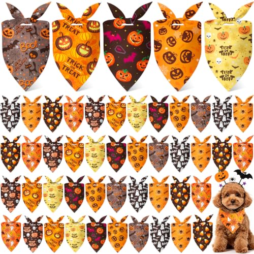50 Pcs Halloween Dog Bandanas Bulk for Charm Small Pets (Pumpkin Pattern / 19.7 x 13.8 x 13.8 Inch)