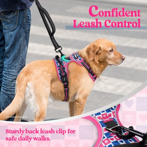 Dog Harness No Pull for Large Dogs with 2 Leash Clips (Large / Hot Pink Grid)