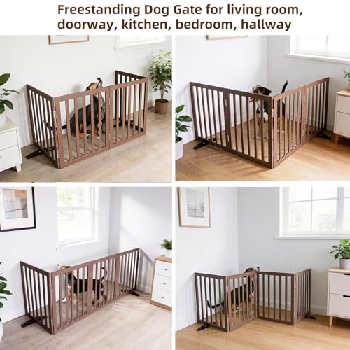 Freestanding Indoor Dog Gate for House Foldable Wood Puppy Gate for Doorways Pet Gate for Stairs Extra Wide Pet Fence (Brown / 【4 Panels】80''w x 32''h)